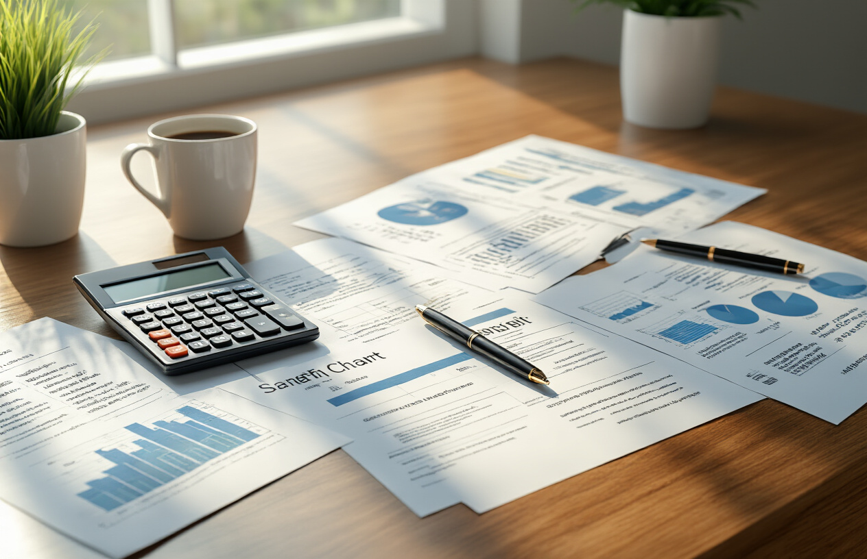 Create a realistic image of a modern office desk scene featuring financial documents, salary charts, and benefit package brochures spread across a polished wooden surface, with a calculator, pen, and coffee cup nearby, soft natural lighting from a window creating gentle shadows, professional corporate atmosphere with clean minimalist background, absolutely NO text should be in the scene.