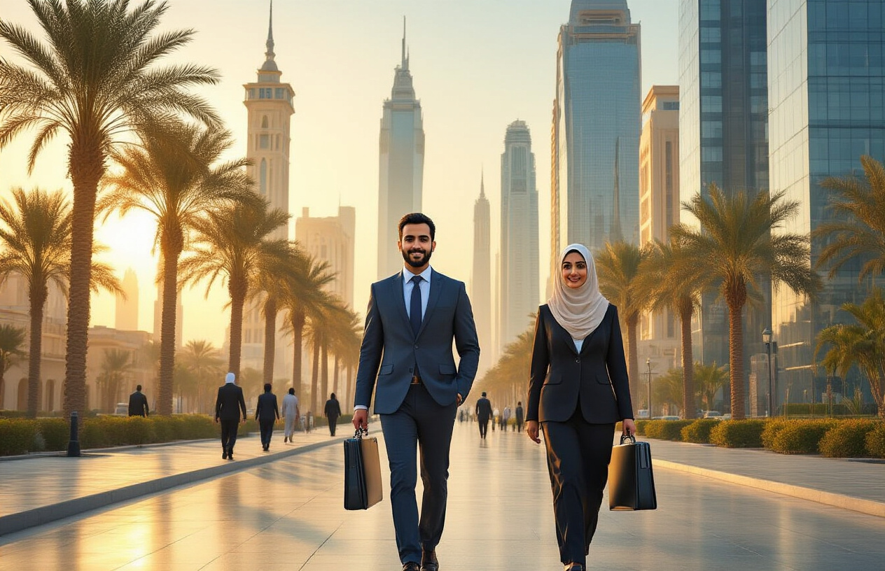 Create a realistic image of a modern office building skyline in Riyadh, Saudi Arabia with traditional Islamic architecture elements visible in the background, featuring a diverse group of professionals including a Middle Eastern male in a business suit and an Arab female wearing professional attire with a hijab walking confidently toward the camera, carrying briefcases and laptops, with the warm golden sunlight of late afternoon creating an optimistic and hopeful atmosphere, palm trees lining the street, and modern glass towers reflecting the sky, conveying success and new opportunities in the job market. Absolutely NO text should be in the scene.