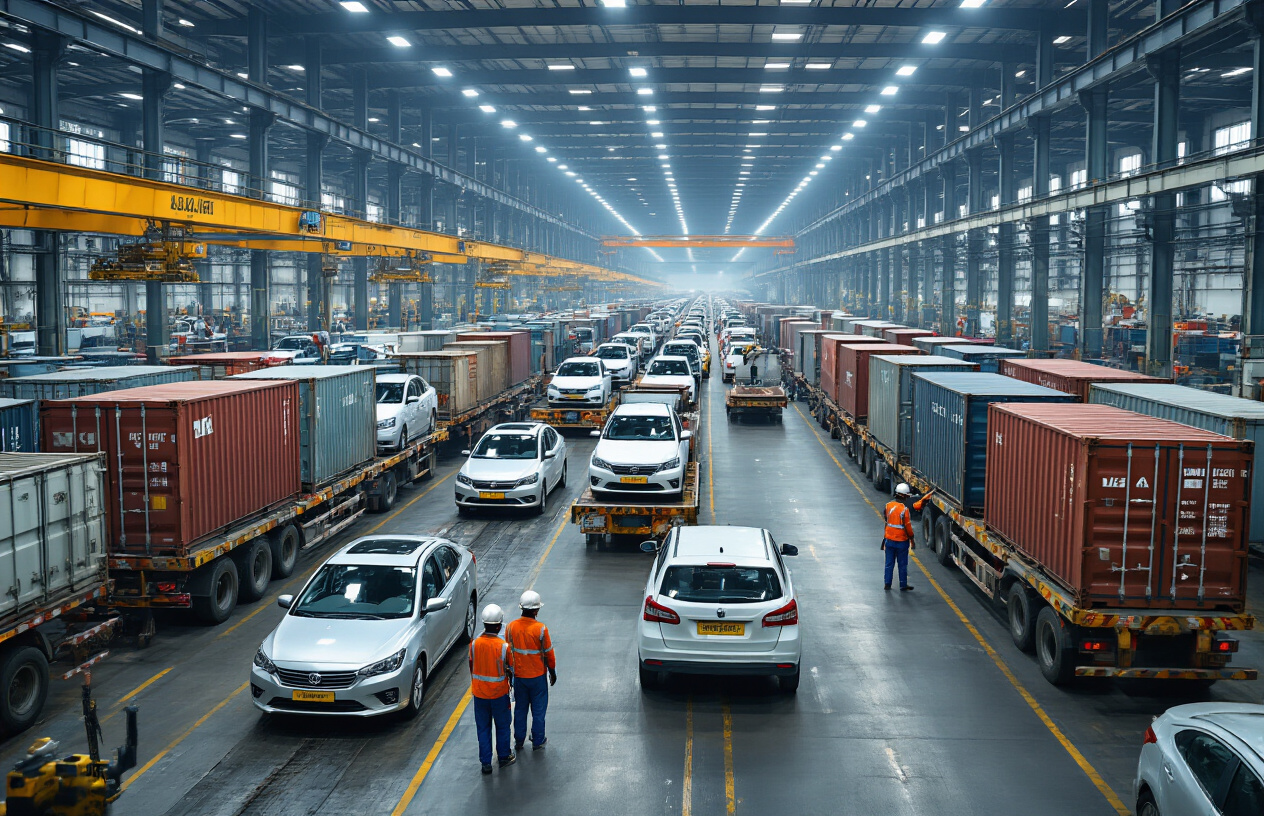 Create a realistic image of a busy Indian automotive manufacturing facility with completed cars being loaded onto large shipping containers and cargo trucks, with European destination labels visible on shipping containers, Indian factory workers in safety gear overseeing the export operations, multiple rows of finished automobiles ready for shipment, industrial cranes and loading equipment in the background, bright industrial lighting illuminating the scene, conveying a sense of bustling export activity and international trade, absolutely NO text should be in the scene.