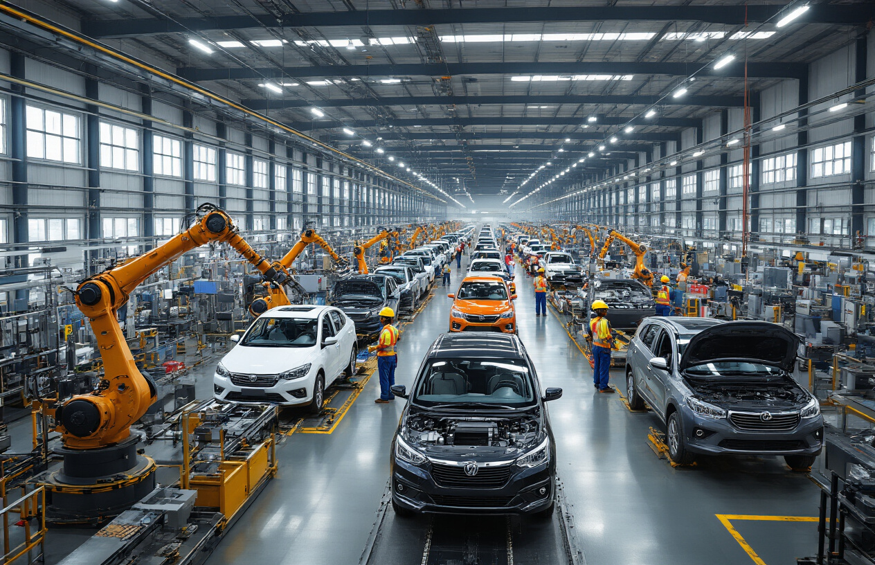 Create a realistic image of a modern automotive manufacturing facility in India with multiple car assembly lines featuring various vehicle models including sedans and SUVs in different stages of production, robotic arms and automated machinery working alongside Indian male and female workers in safety gear, gleaming factory floor with overhead lighting, international automaker logos visible on facility walls, conveyor belts moving completed vehicles, industrial setting with high ceilings and large windows showing daylight, professional and efficient atmosphere showcasing mass production capabilities, absolutely NO text should be in the scene.