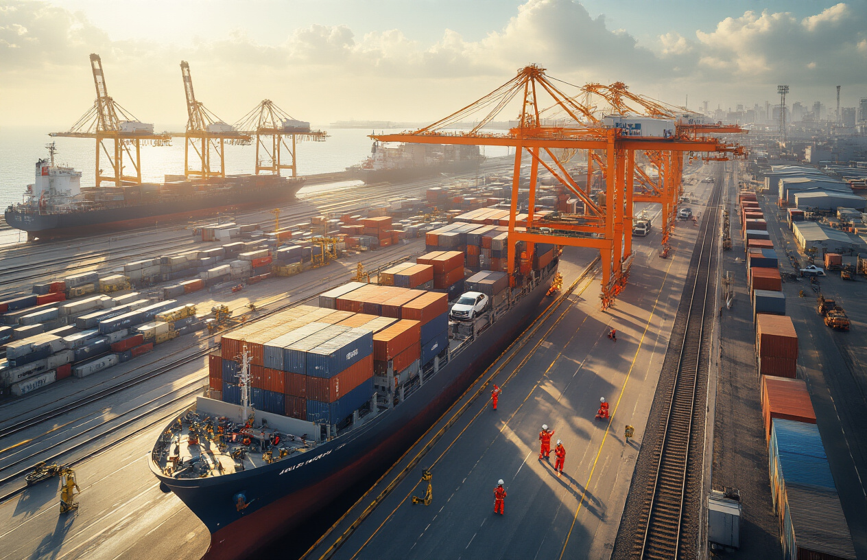 Create a realistic image of a modern Indian port facility with massive container cranes loading automobiles onto large cargo ships, featuring well-developed transportation infrastructure including multi-lane highways, railway tracks, and logistics warehouses in the background, with Indian male and female workers in safety gear coordinating operations, bright daylight illuminating the bustling industrial scene with the Indian Ocean visible in the distance, conveying efficiency and growth in automotive export operations, absolutely NO text should be in the scene.