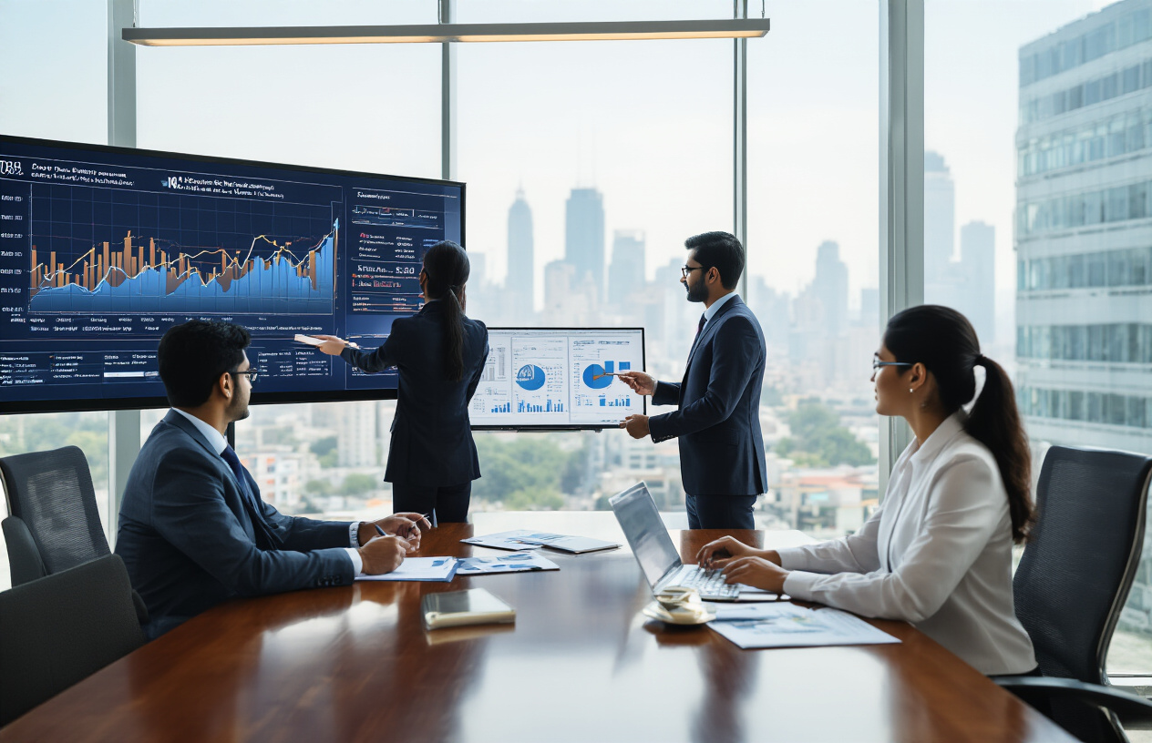 Create a realistic image of a modern business conference room with Indian male and female executives in professional attire analyzing financial charts and growth projections on a large wall-mounted display showing upward trending graphs, export statistics, and automotive industry data, with laptops and documents on a polished wooden conference table, large windows showing a bustling Indian cityscape in the background, bright natural lighting creating a professional and optimistic atmosphere, absolutely NO text should be in the scene.