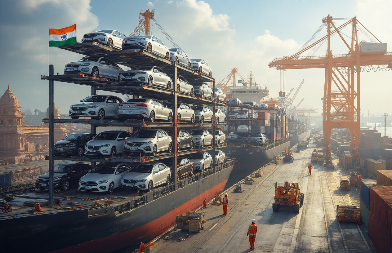 Create a realistic image of a bustling Indian port with modern cargo ships loaded with gleaming automobiles on multi-level car carriers, with the Indian flag visible on port infrastructure, workers in safety gear coordinating shipments, cranes loading vehicles onto vessels, and the backdrop showing a mix of traditional Indian architecture and modern industrial facilities under bright daylight, symbolizing India's growing automotive export success. Absolutely NO text should be in the scene.