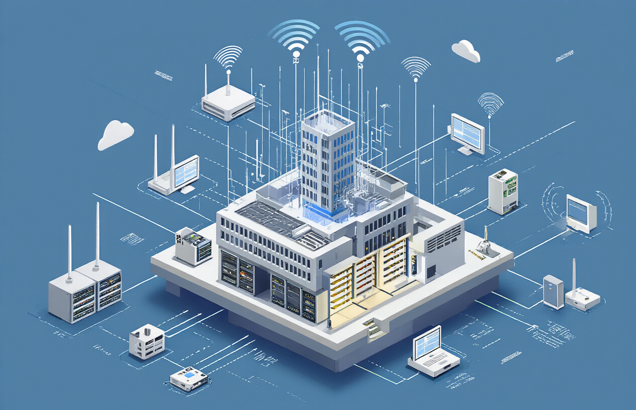 Create a realistic image of a detailed technical diagram showing Wi-Fi network infrastructure with wireless routers, access points, and signal waves radiating through a modern office building cross-section, featuring network topology illustrations, server racks with glowing indicators, and digital signal pathways connecting various office floors, set against a clean professional background with blue and white color scheme, technical lighting highlighting the network components. Absolutely NO text should be in the scene.