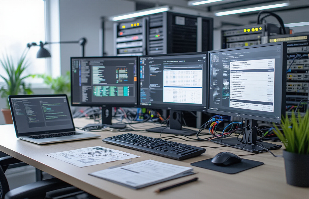 Create a realistic image of a modern office desk setup with multiple computer monitors displaying network configuration screens, server hardware components like routers and network switches in the background, ethernet cables connecting various devices, a laptop showing system requirements checklist, and technical documentation spread across the desk, with clean fluorescent office lighting creating a professional IT environment atmosphere, absolutely NO text should be in the scene.