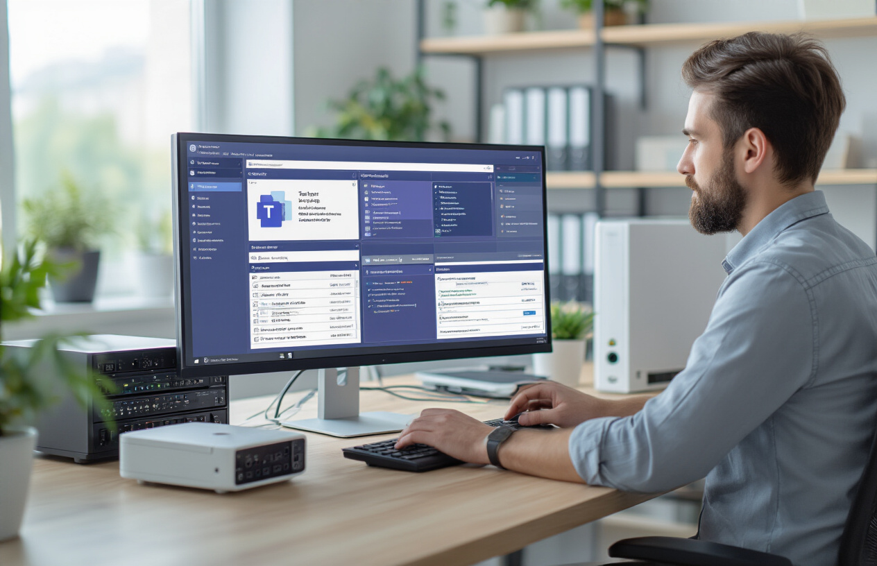 Create a realistic image of a modern office workspace showing a computer monitor displaying Microsoft Teams administrative interface with configuration settings panels open, a white male IT professional in business casual attire sitting at the desk actively configuring settings with his hands on keyboard and mouse, multiple network equipment like Wi-Fi routers and access points visible on the desk and shelves in background, clean professional office environment with soft natural lighting from nearby window, focus on the step-by-step configuration process being performed, absolutely NO text should be in the scene.