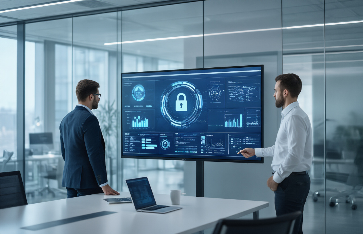 Create a realistic image of a modern corporate office environment with a white male IT security professional wearing business attire standing next to a large wall-mounted monitor displaying cybersecurity dashboards and network security icons, with a sleek conference table in the foreground showing laptops and mobile devices, surrounded by glass walls and contemporary office furniture, featuring soft professional lighting and a clean minimalist background with subtle blue and gray tones to convey trust and security, absolutely NO text should be in the scene.