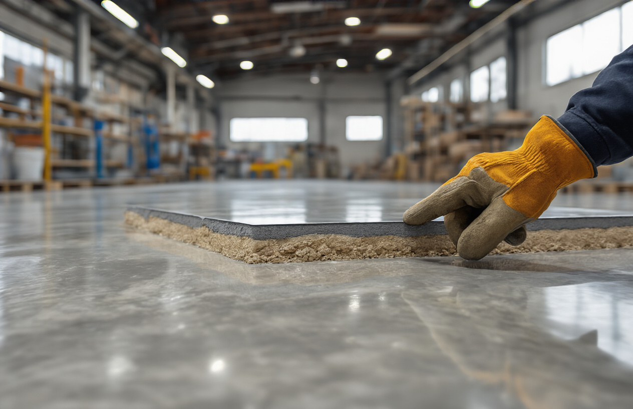Create a realistic image of a close-up cross-section view of epoxy flooring showing multiple layers including concrete base, primer, and glossy epoxy topcoat, with a hand wearing a work glove pointing to different layers for educational demonstration, set in a bright industrial workshop environment with clean lighting that highlights the smooth, reflective surface of the finished epoxy floor, absolutely NO text should be in the scene.