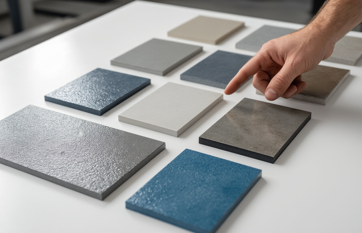 Create a realistic image of multiple epoxy flooring samples or color swatches arranged on a clean white surface, showing different types and finishes including glossy, matte, and textured variations in colors like gray, blue, and clear coats, with a professional contractor's hand pointing to one sample, industrial warehouse background visible in soft focus, bright natural lighting from above, professional consultation atmosphere. Absolutely NO text should be in the scene.