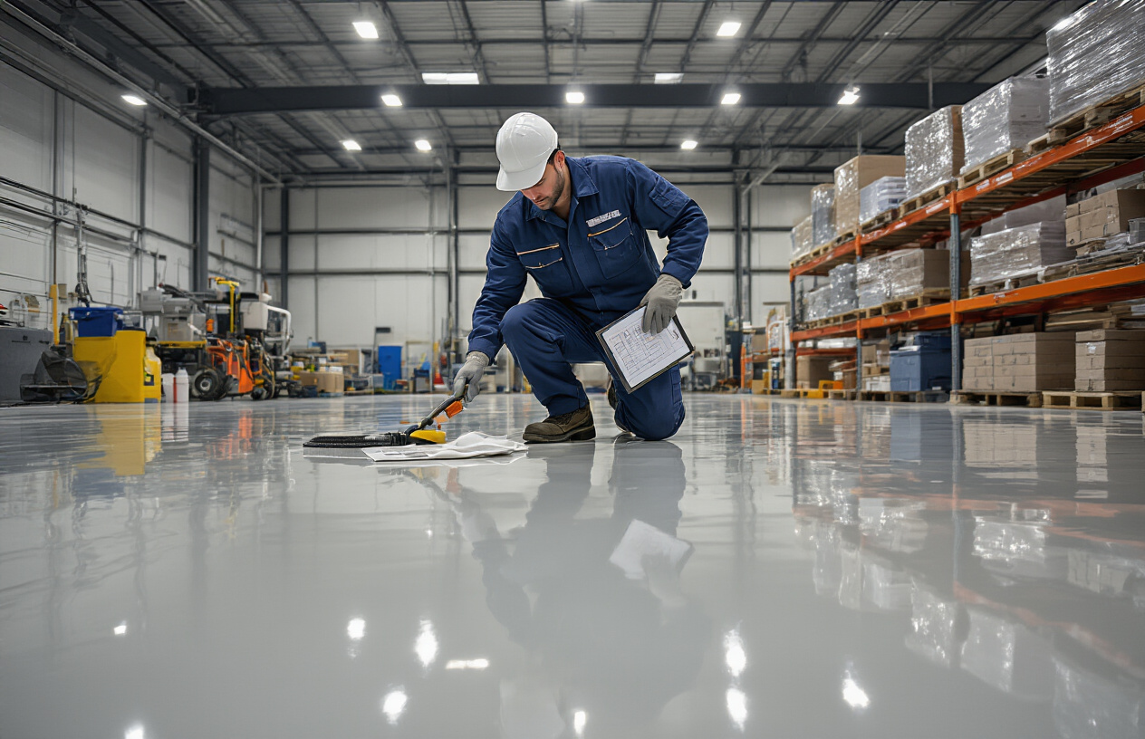 Create a realistic image of a pristine industrial epoxy floor in a warehouse setting with a white male maintenance worker in uniform carefully applying a protective coating with professional equipment, showing scheduled maintenance activities including floor inspection tools, cleaning supplies, and maintenance charts on a clipboard, under bright LED industrial lighting that highlights the glossy, well-maintained epoxy surface with clear reflection properties, conveying a professional and systematic approach to floor care. Absolutely NO text should be in the scene.