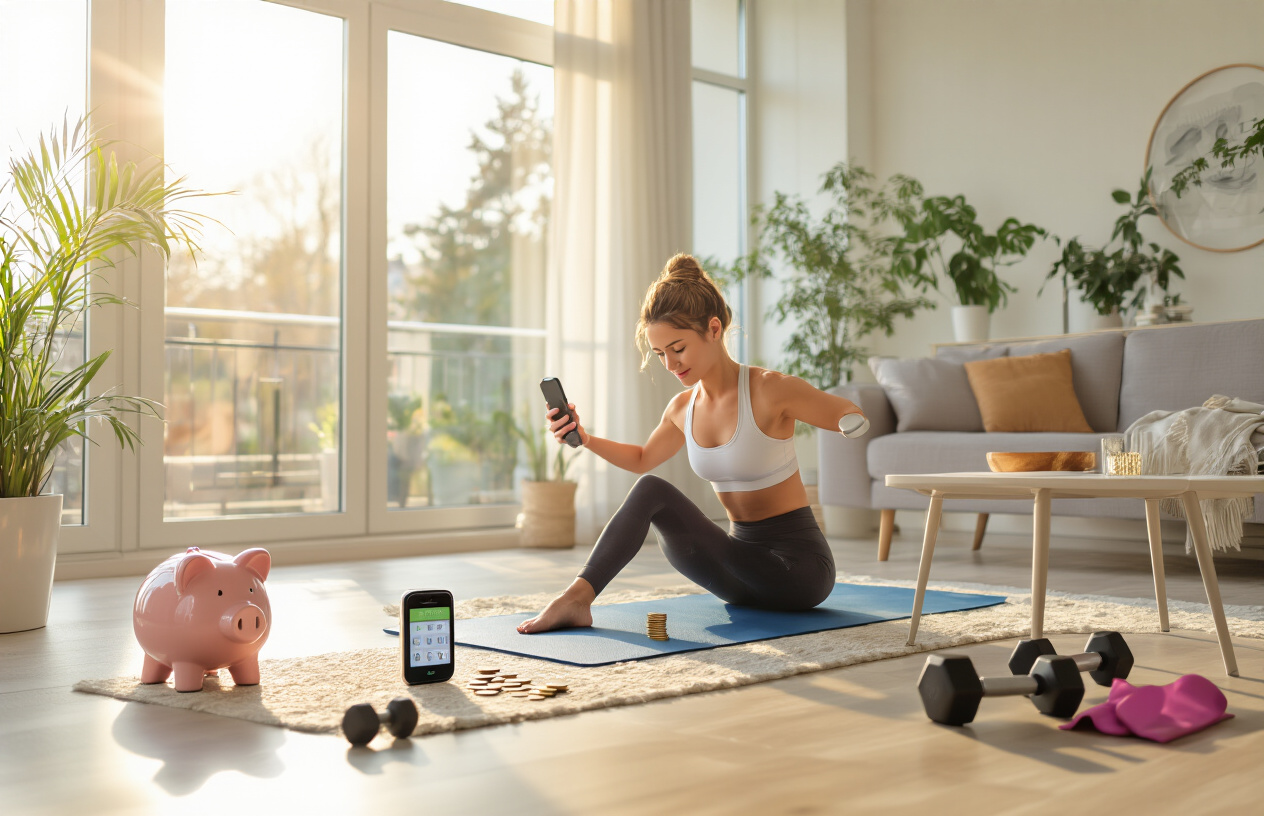 Create a realistic image of a bright, modern living room with a white female in workout attire exercising on a yoga mat, with a smartphone timer showing early morning time, a piggy bank and coins on a nearby coffee table, dumbbells and resistance bands on the floor, natural morning sunlight streaming through large windows, clean minimalist home interior with plants, conveying savings and convenience of home fitness, warm and motivational atmosphere, absolutely NO text should be in the scene.