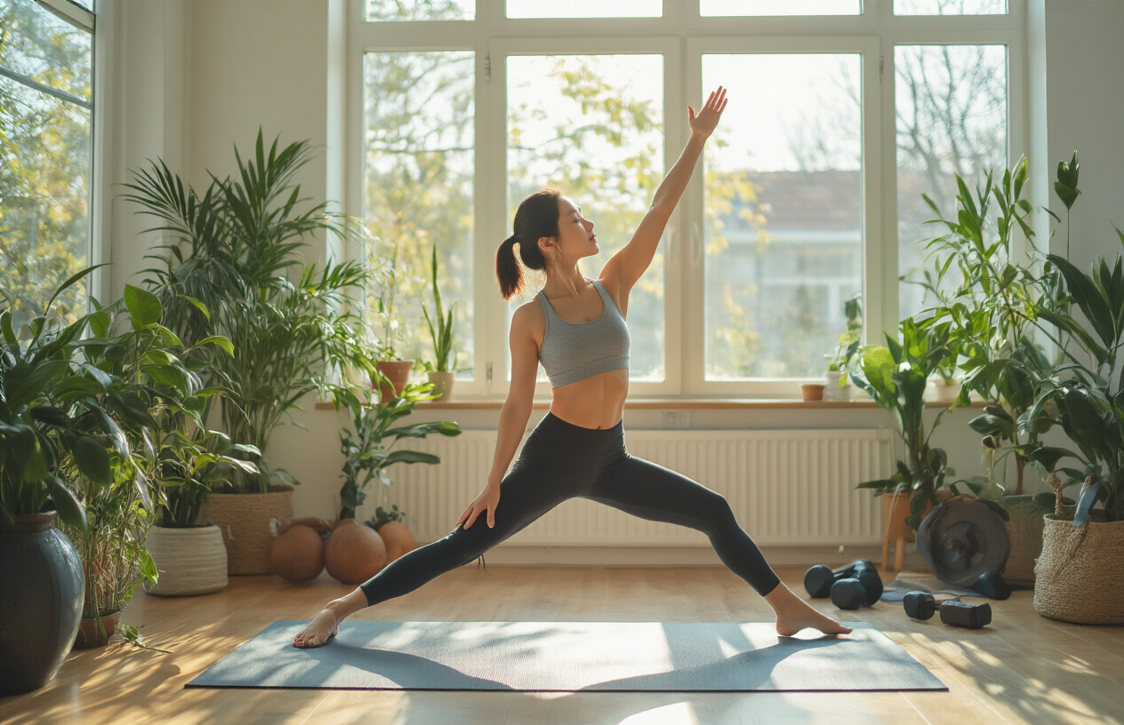 Create a realistic image of a fit Asian female in her 30s performing a morning stretching routine in a bright, minimalist home living room, reaching upward in a yoga pose while standing on a yoga mat, with natural sunlight streaming through large windows, indoor plants in the background, and exercise equipment like dumbbells and resistance bands visible nearby, capturing a peaceful and energizing morning atmosphere, absolutely NO text should be in the scene.
