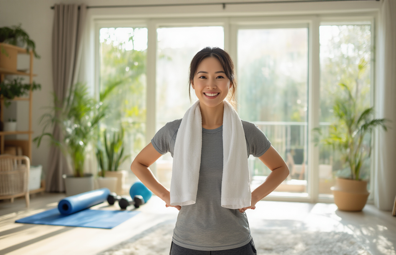 Create a realistic image of a confident Asian female in her 30s standing in a bright home living room after completing morning exercise, wearing workout clothes with a towel around her neck, displaying a proud smile and strong posture with hands on hips, surrounded by exercise equipment like yoga mat and dumbbells, natural morning sunlight streaming through large windows creating an uplifting atmosphere, Absolutely NO text should be in the scene.