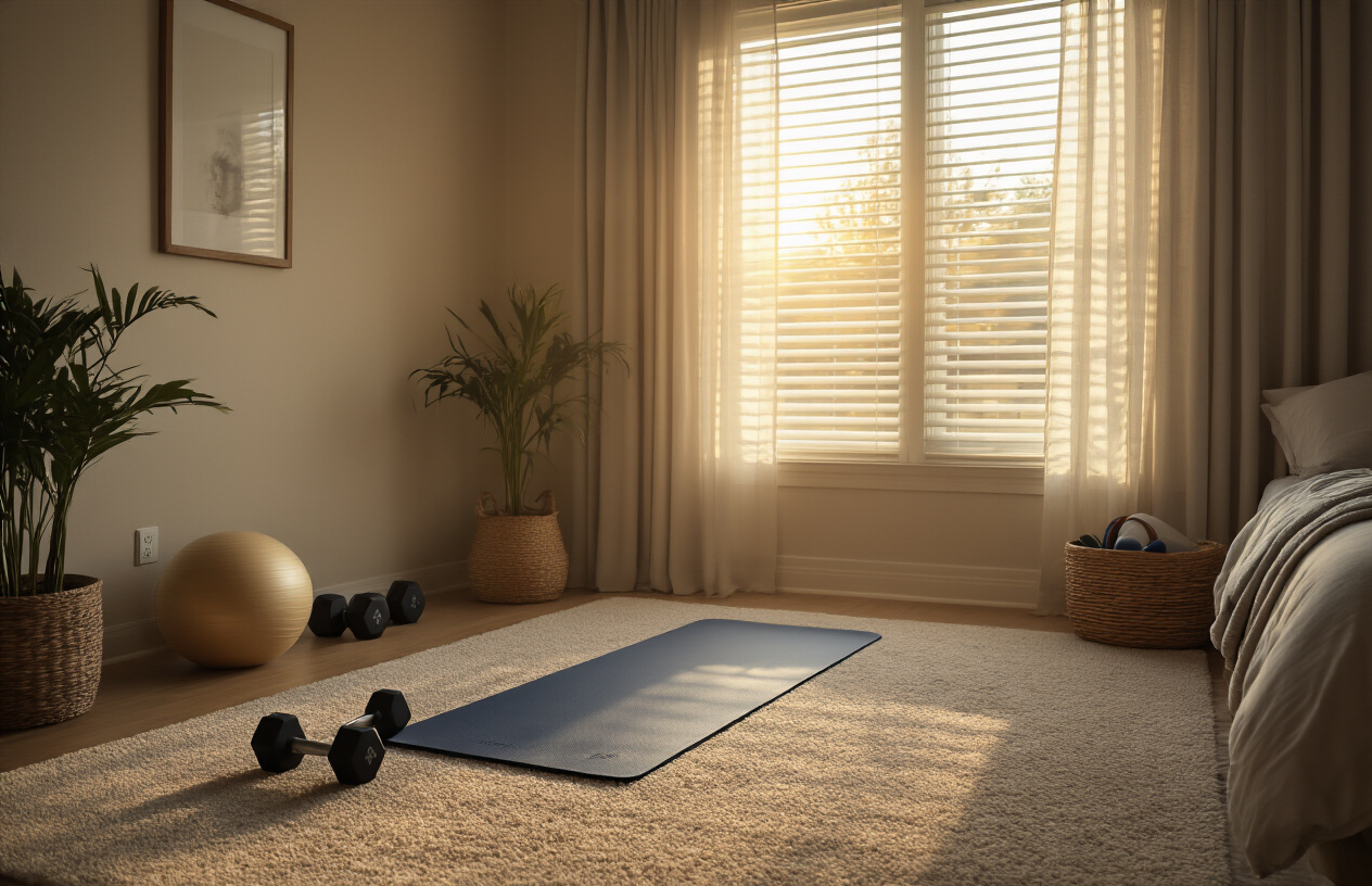 Create a realistic image of a cozy home workout space in a private bedroom or living room corner featuring comfortable exercise equipment like a yoga mat, dumbbells, and resistance bands arranged on a soft carpet, with natural morning sunlight filtering through closed curtains or blinds, creating a peaceful and intimate atmosphere for personal fitness routines, with warm lighting and a serene mood that emphasizes privacy and comfort. Absolutely NO text should be in the scene.