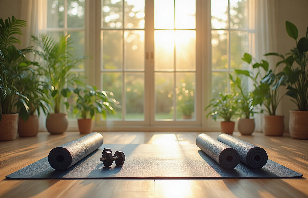 Create a realistic image of a serene home workout space with natural morning sunlight streaming through large windows, featuring yoga mats, light dumbbells, and resistance bands neatly arranged on a clean wooden floor, with healthy plants in the background and a peaceful, motivating atmosphere that conveys the successful completion of a morning exercise routine, absolutely NO text should be in the scene.