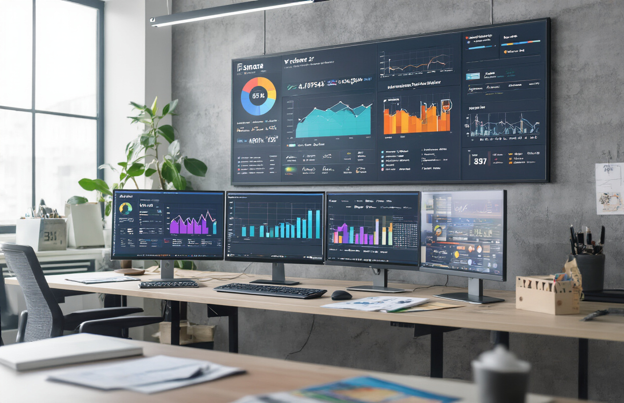Brand visibility measurement system for LLMs shown through analytics dashboards and interconnected AI data indicators.
