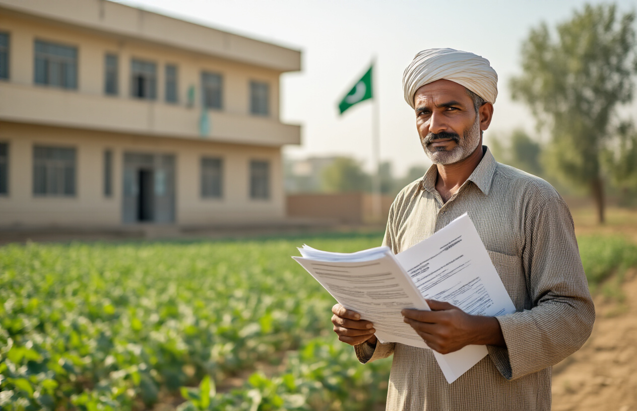 Create a realistic image of South Asian male farmer in traditional rural clothing holding official documents and forms while standing in front of a government office building, with agricultural fields visible in the background, bright daylight setting, professional yet approachable atmosphere, the farmer appears focused on reviewing paperwork requirements, clean modern government building facade with Pakistani flag, Absolutely NO text should be in the scene.