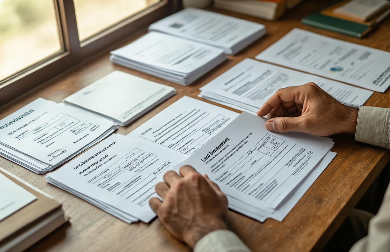 Create a realistic image of a clean, organized desk with neatly arranged official documents spread out, including identity cards, bank statements, land ownership papers, and application forms, with a Pakistani male farmer's hands visible placing documents into organized piles, soft natural lighting from a window, professional office environment with a wooden desk surface, and absolutely NO text should be in the scene.