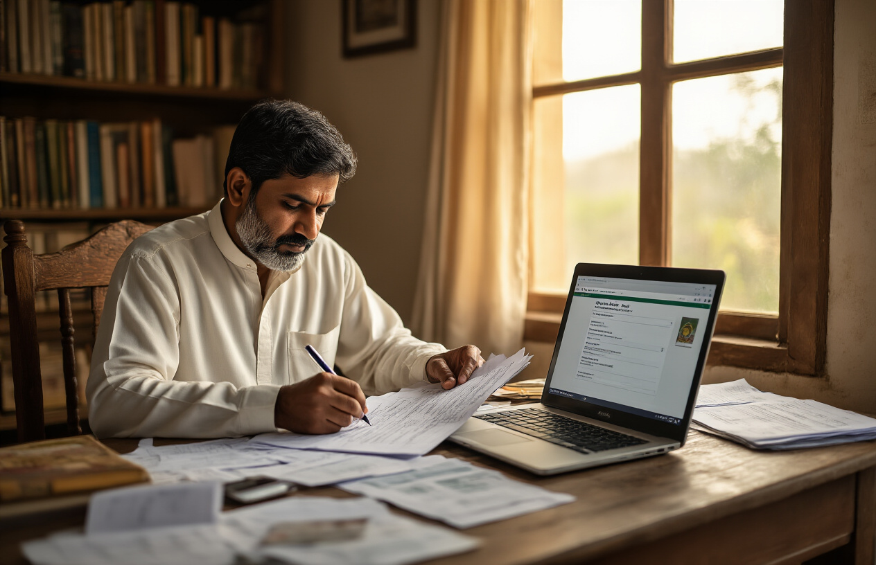 Create a realistic image of a South Asian male farmer in traditional white kurta sitting at a wooden desk filling out official application forms with a pen, with scattered documents and papers around him, a laptop computer open showing a government website interface, a Kisan Card visible on the desk, warm indoor lighting from a window, office or home study setting with bookshelves in background, focused and determined expression, absolutely NO text should be in the scene.
