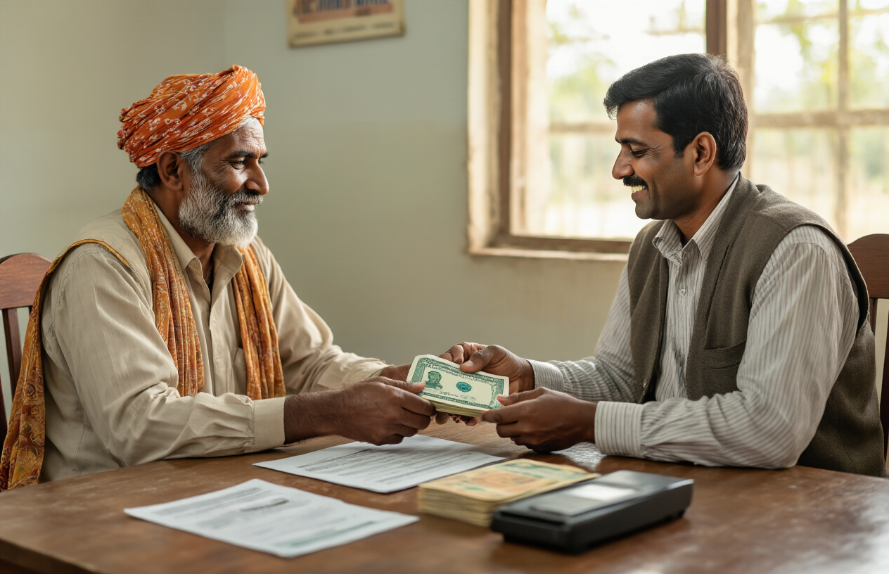 Create a realistic image of a South Asian male farmer in traditional clothing sitting at a wooden desk across from a bank official, with loan approval documents and a Kisan card visible on the desk between them, the farmer receiving a bundle of cash from the official, set in a rural bank office with simple furniture and natural lighting from a window, conveying a sense of relief and satisfaction on both faces, absolutely NO text should be in the scene.