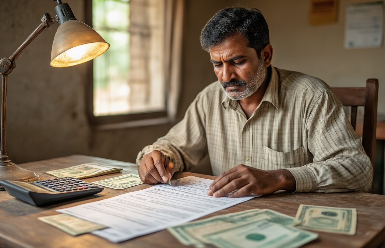 Create a realistic image of a middle-aged South Asian male farmer sitting at a wooden desk reviewing loan repayment documents and guidelines, with Pakistani rupee currency notes, a calculator, and official banking forms spread on the table, a kisan card visible among the papers, warm indoor lighting from a desk lamp, serious and focused expression, simple rural home office setting with basic furniture in the background, absolutely NO text should be in the scene.