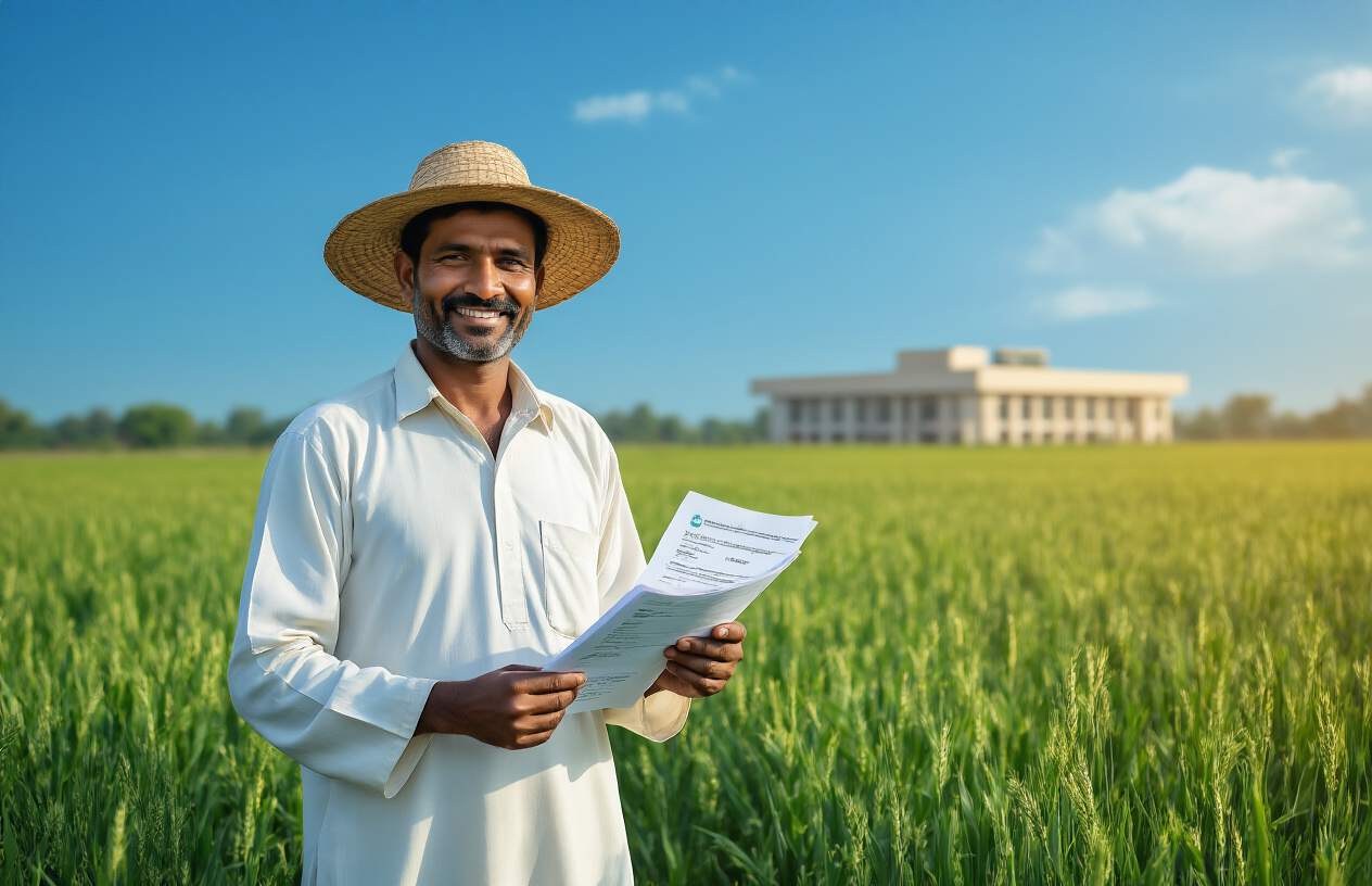 Create a realistic image of a South Asian male farmer in traditional white clothing standing in a green agricultural field, holding official loan documents with a satisfied expression, with a modern bank building visible in the distant background under clear blue sky, symbolizing successful financial assistance for agriculture, with golden sunlight creating a hopeful and prosperous atmosphere, absolutely NO text should be in the scene.