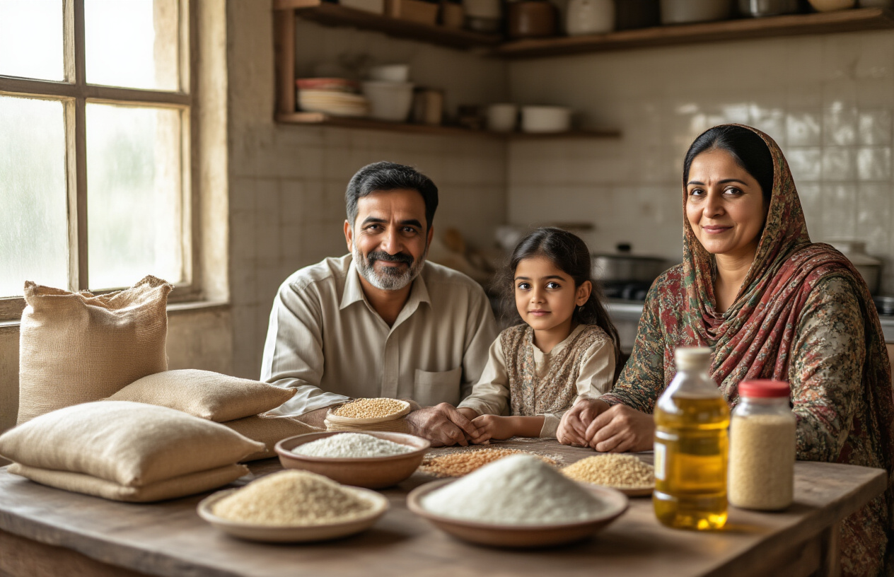 Create a realistic image of a South Asian family including a middle-aged Pakistani male and female with two children sitting around a wooden table in a modest home kitchen, with essential food items like wheat flour bags, rice, cooking oil, and lentils arranged on the table and nearby shelves, warm natural lighting coming through a window, creating a scene that depicts food security and government assistance benefits, with the family appearing content and secure, absolutely NO text should be in the scene.