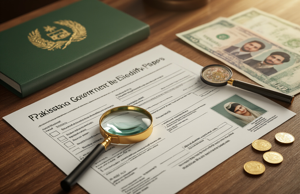 Create a realistic image of Pakistani government documents and identification papers spread on a wooden desk surface, including official forms with checkboxes and eligibility criteria sections, a magnifying glass highlighting important requirements, Pakistani rupee notes and coins nearby representing income verification, family photographs showing household members, and official government seals or stamps visible on the documents, with warm office lighting and a professional administrative atmosphere, absolutely NO text should be in the scene.