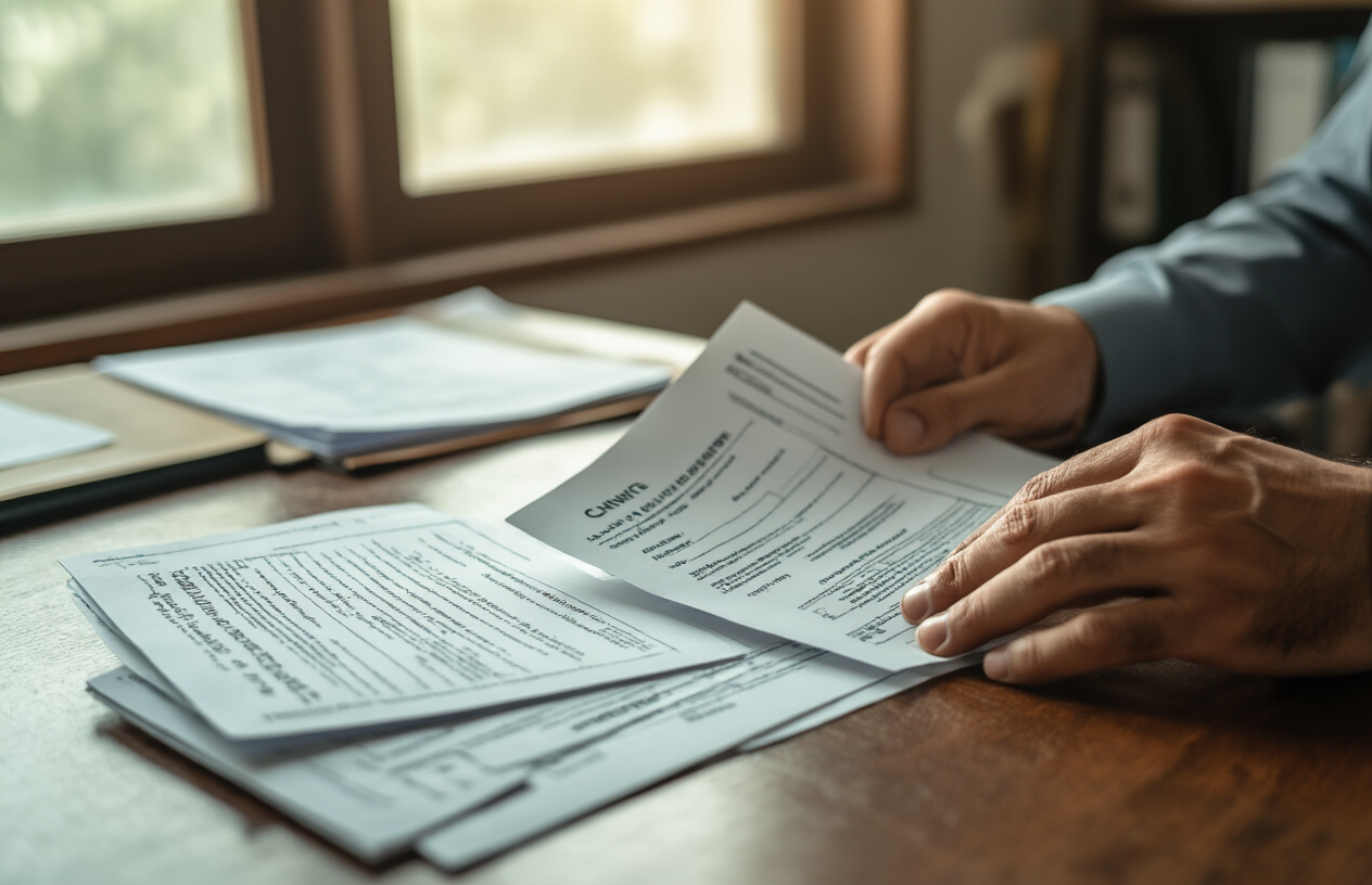 Create a realistic image of official Pakistani government documents spread on a wooden desk including CNIC cards, income certificates, and form papers, with a Pakistani male's hands organizing the paperwork, soft natural lighting from a window, professional government office environment in the background, absolutely NO text should be in the scene.