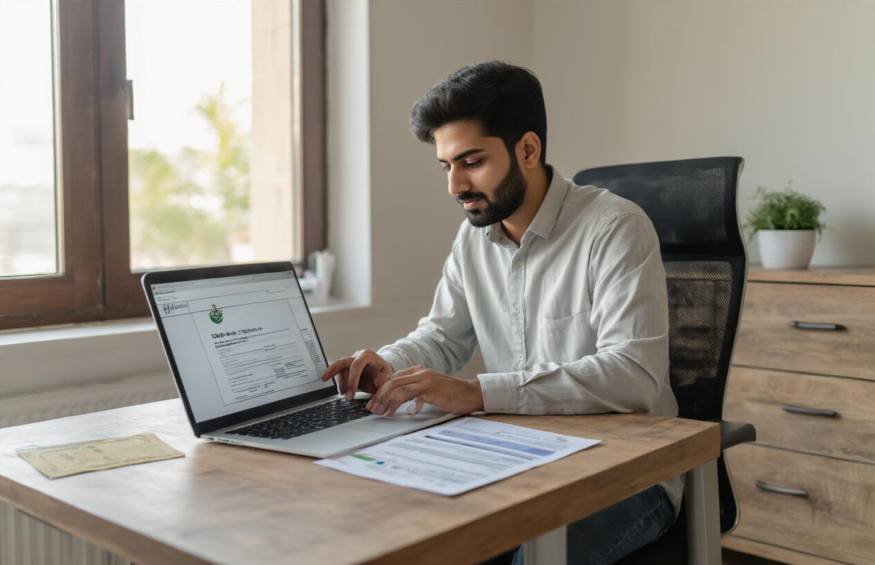 Create a realistic image of a Pakistani male sitting at a modern desk using a laptop computer to fill out an online application form, with official government documents including a ration card visible on the desk beside him, in a clean home office setting with natural lighting from a window, showing the digital application process in progress on the laptop screen, Absolutely NO text should be in the scene.