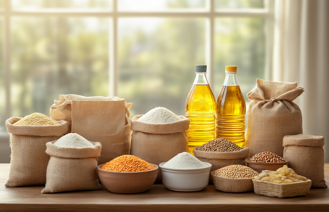 Create a realistic image of various essential food items and commodities available through ration cards including bags of wheat flour, rice, sugar, cooking oil bottles, lentils, and other basic groceries neatly arranged on a wooden table or counter, with warm natural lighting from a window, showing the quality and variety of subsidized food items distributed through the government ration system, absolutely NO text should be in the scene.