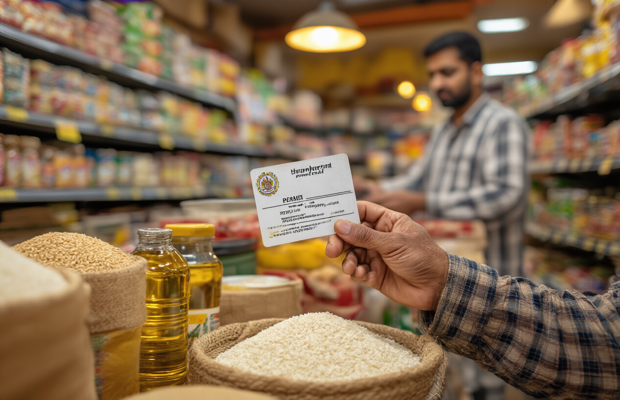 Create a realistic image of a South Asian male hand holding a Punjab government ration card while using it at a local grocery store counter, with a shopkeeper in the background scanning or processing the card, shelves stocked with essential food items like wheat flour, rice, and cooking oil visible, warm indoor lighting creating a welcoming atmosphere, showing the practical usage of the ration card system, absolutely NO text should be in the scene.