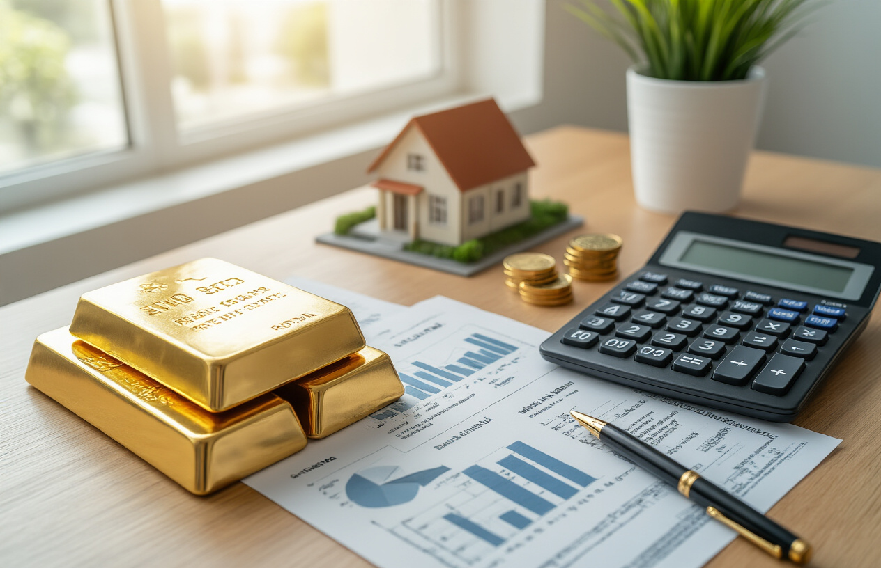 Create a realistic image of diverse investment portfolio elements including gold bars, real estate property documents, business charts, Turkish lira banknotes, and stock certificates arranged on a modern wooden desk, with a professional calculator and pen nearby, soft natural lighting from a window, clean office environment with neutral colors, absolutely NO text should be in the scene.