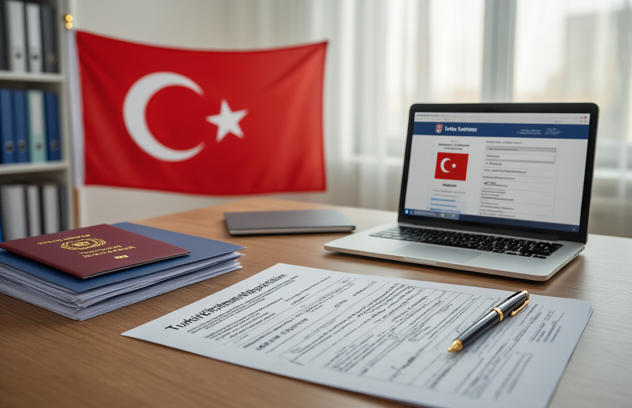 Create a realistic image of a modern office desk scene showing the Turkish citizenship application process with official documents spread out including passport pages, application forms, investment certificates, and legal paperwork, alongside a Turkish flag in the background, a laptop computer displaying government website interface, a professional pen, and organized file folders, all arranged on a clean wooden desk surface under bright office lighting with a neutral professional atmosphere, absolutely NO text should be in the scene.
