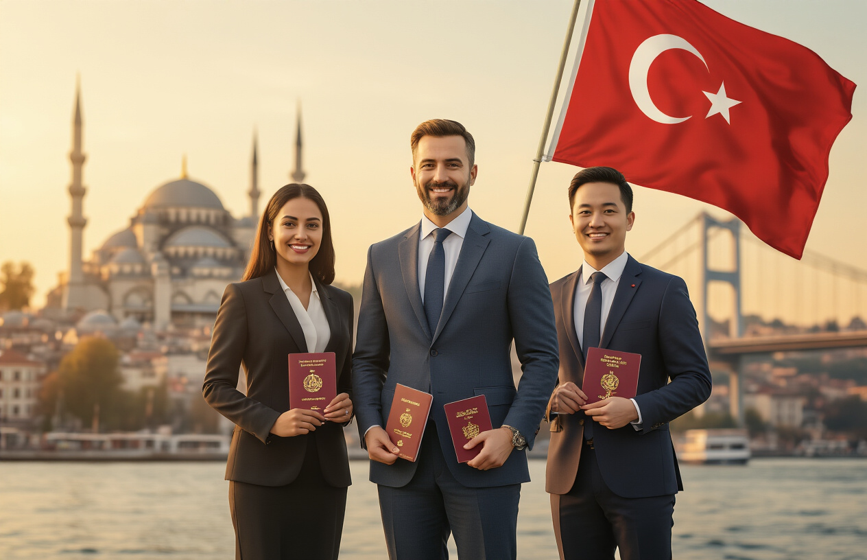 Create a realistic image of a diverse group of people including a white male businessman, a black female professional, and an Asian male entrepreneur standing confidently in front of the Turkish flag, holding Turkish passports and citizenship documents, with the iconic Turkish landmarks like Hagia Sophia and Bosphorus Bridge visible in the blurred background, warm golden lighting creating an optimistic and welcoming atmosphere, symbolizing the benefits and rights gained through Turkish citizenship by investment, absolutely NO text should be in the scene.