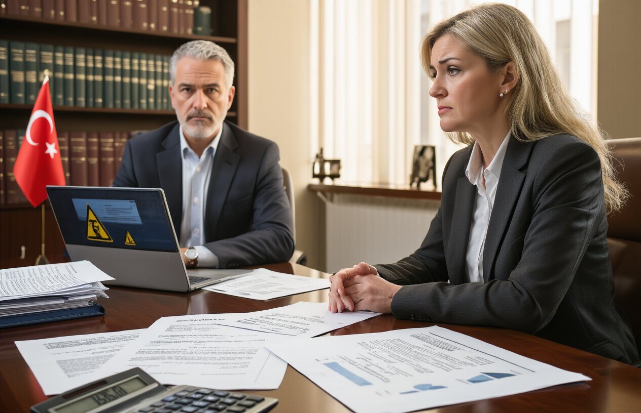 Create a realistic image of a modern professional office setting with a middle-aged white male consultant in a dark business suit sitting across from a concerned-looking middle-aged white female client at a polished wooden desk, with scattered legal documents, a Turkish flag on the desk, warning icons or caution symbols visible on a laptop screen, a calculator, and official-looking papers in the foreground, surrounded by law books on shelves in the background, under warm office lighting that creates a serious and contemplative atmosphere, absolutely NO text should be in the scene.