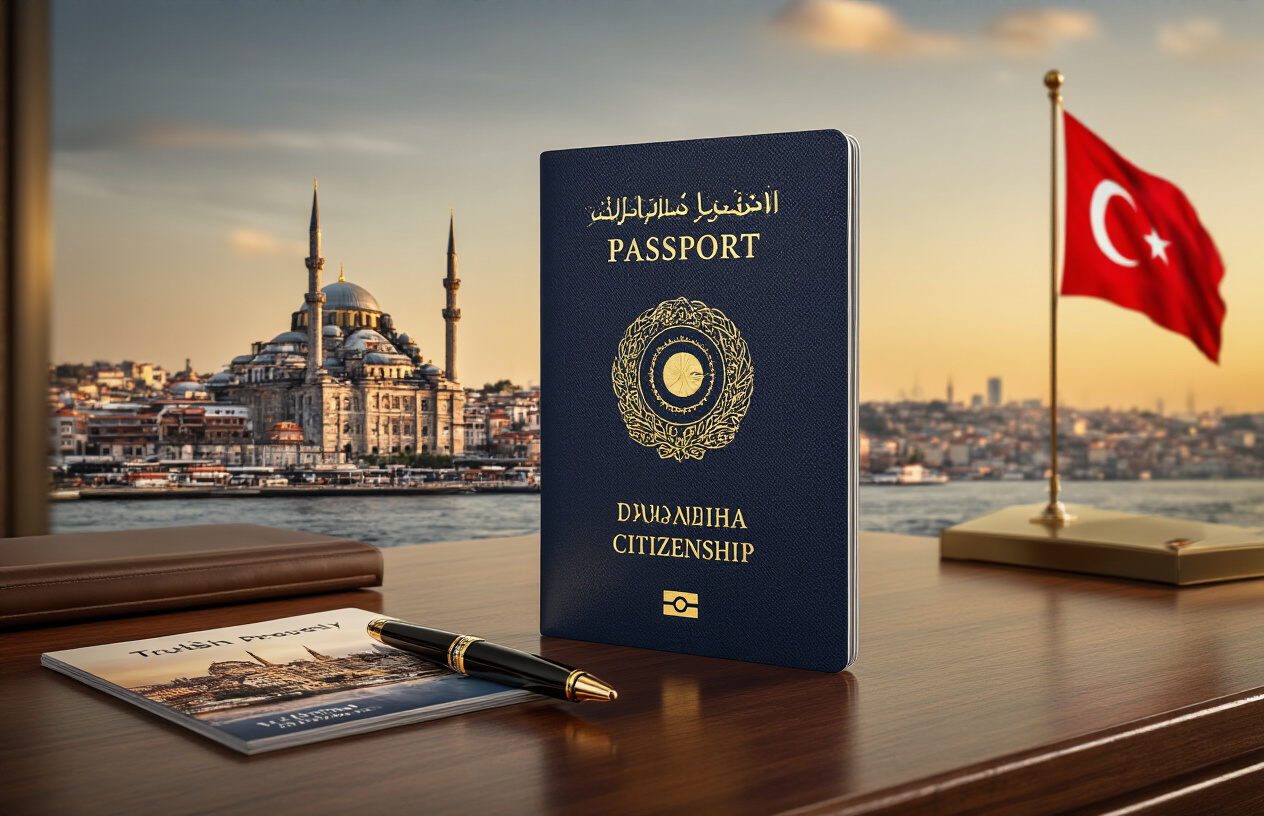 Create a realistic image of a modern Turkish passport with golden Turkish citizenship certificate documents elegantly arranged on a polished wooden desk, accompanied by a luxury property brochure showing Istanbul skyline, a sleek pen, and Turkish flag subtly displayed in the background, warm professional lighting creating an aspirational and successful atmosphere. Absolutely NO text should be in the scene.