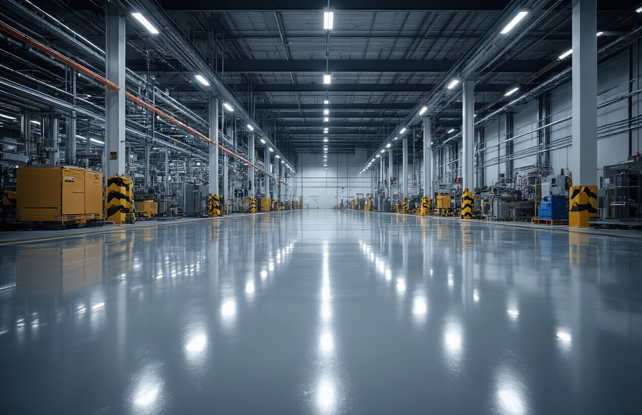Create a realistic image of a modern industrial floor with a glossy, seamless polyurethane coating in a manufacturing facility, showing the smooth reflective surface properties with overhead LED lighting creating subtle reflections, industrial machinery and equipment partially visible in the background, clean and professional environment showcasing the durability and chemical resistance of the coating material, absolutely NO text should be in the scene.