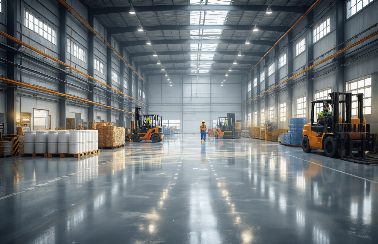 Create a realistic image of a modern industrial warehouse floor showcasing glossy PU polyurethane coating with visible advantages including chemical resistance containers spilled safely on the surface, heavy machinery and forklifts operating smoothly, workers in safety gear walking confidently, excellent lighting reflecting off the seamless durable surface, and comparison areas showing the coating's superior performance against wear and tear, set in a clean professional industrial environment with proper ventilation and safety equipment visible in the background. Absolutely NO text should be in the scene.