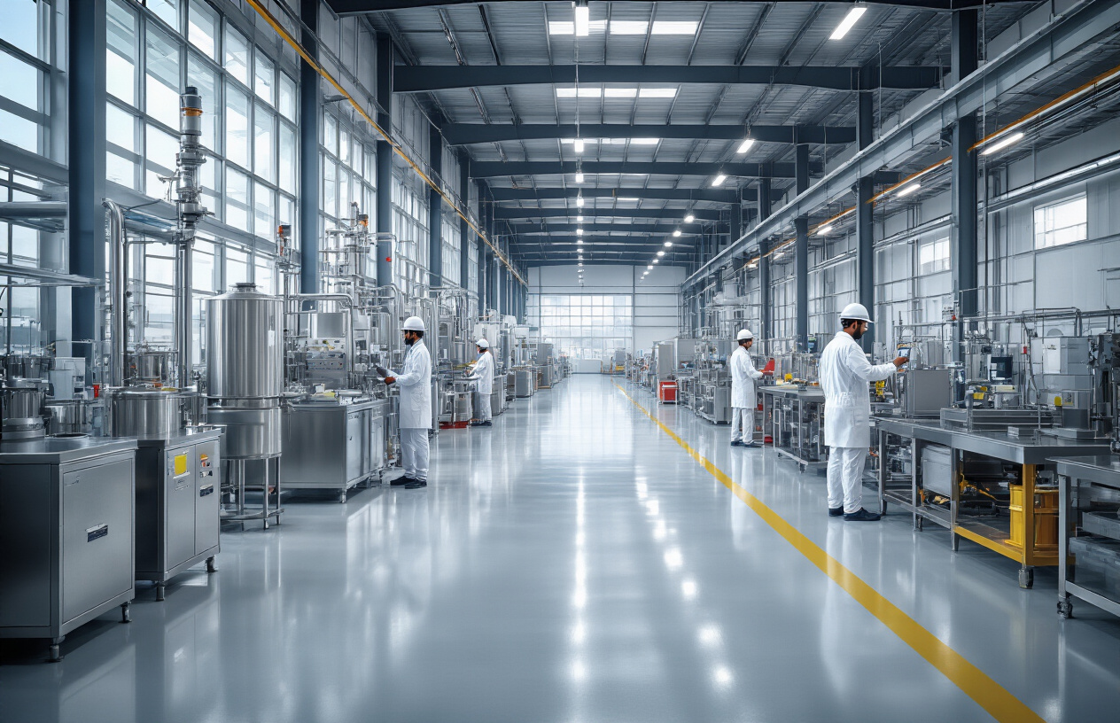 Create a realistic image of a modern industrial facility in Pune showcasing multiple sectors with PU floor coating applications, featuring a pharmaceutical manufacturing area with stainless steel equipment and smooth polyurethane floors, an automotive assembly section with machinery and glossy floor coating, a food processing zone with hygienic white surfaces, and a chemical storage area with spill-resistant flooring, all under bright industrial LED lighting with Indian male and female workers in safety uniforms inspecting the different floor areas, set against a backdrop of Pune's industrial skyline visible through large windows, emphasizing the diverse industrial applications and durability of the flooring solutions, absolutely NO text should be in the scene.