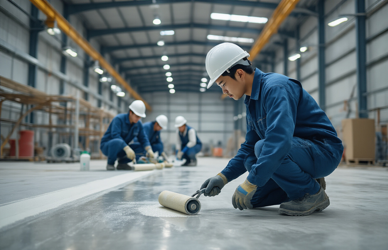 Create a realistic image of professional workers in white and blue safety helmets applying PU floor coating in an industrial warehouse setting, showing the step-by-step installation process with workers using specialized equipment like rollers and sprayers on a concrete floor, with one Asian male worker in the foreground demonstrating proper application technique while a white female supervisor observes the quality, industrial lighting from overhead fixtures illuminating the scene, with coating materials and equipment visible in the background, clean and organized work environment typical of Pune's modern industrial facilities, absolutely NO text should be in the scene.