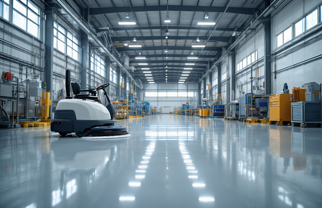 Create a realistic image of a well-maintained industrial PU floor coating in a modern factory setting, showing a glossy, seamless polyurethane surface with perfect reflective properties, featuring maintenance equipment like a professional floor scrubber machine and cleaning supplies neatly organized nearby, with bright overhead LED lighting creating clear reflections on the pristine floor surface, industrial machinery visible in the background, and the overall scene conveying cleanliness and proper maintenance protocols in an Indian industrial environment, absolutely NO text should be in the scene.