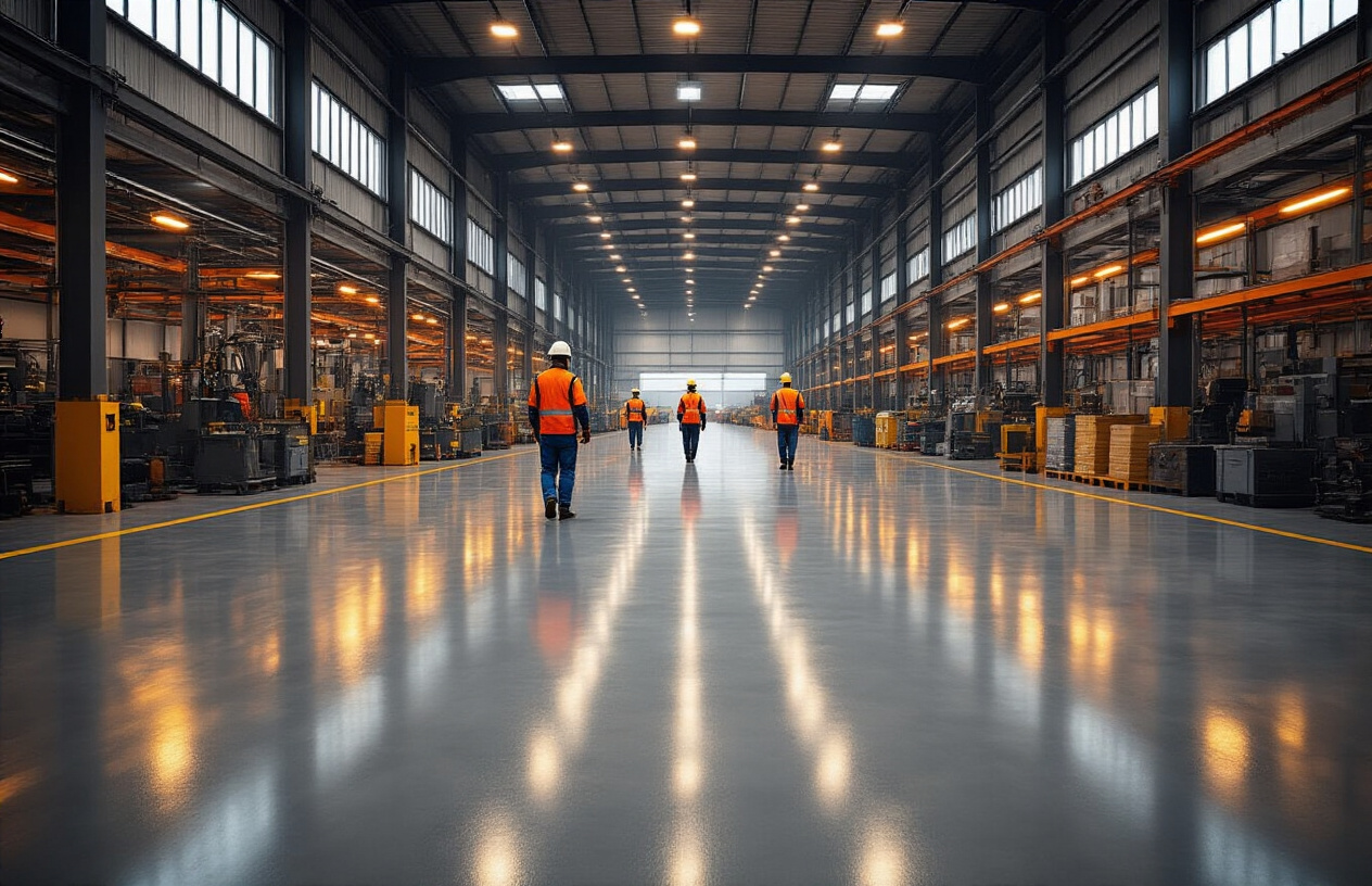 Create a realistic image of a modern industrial warehouse interior in Pune with glossy PU floor coating reflecting overhead LED lights, showing workers in safety gear walking across the smooth, durable surface, with industrial machinery and storage racks in the background, warm ambient lighting creating a professional atmosphere that emphasizes the floor's durability and shine, absolutely NO text should be in the scene.
