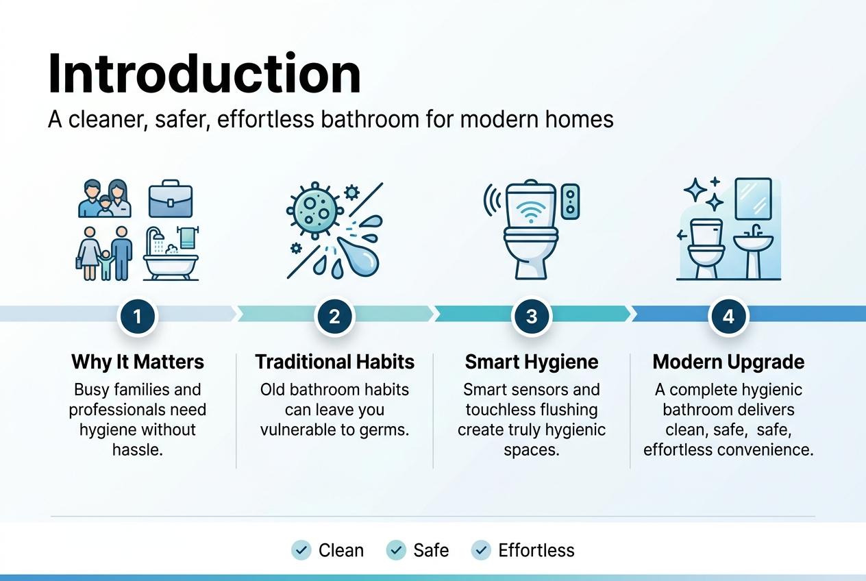 Create a clean, modern infographic illustration in a 3:2 aspect ratio with a full-bleed layout, no poster frame, no inset margins, and a wide horizontal composition. Use a bright white background with cool blue, teal, and light gray accents, subtle gradients, and a professional sans-serif font. Place a bold heading at the top left: "Introduction". Under it, add a smaller subtitle: "A cleaner, safer, effortless bathroom for modern homes".

Use a wide 4-section horizontal layout across the center, with clear icons and numbered labels:

1. On the left, show a small family-and-professional lifestyle icon set with a bathroom scene and text block titled "Why It Matters" with the text: "Busy families and professionals need hygiene without hassle."
2. Next, show a germ-and-splash hazard icon with the title "Traditional Habits" and the text: "Old bathroom habits can leave you vulnerable to germs."
3. In the center-right, show a smart toilet sensor and touchless flush icon with the title "Smart Hygiene" and the text: "Smart sensors and touchless flushing create truly hygienic spaces."
4. On the far right, show a complete modern bathroom setup icon with toilet, sink, and clean sparkle symbols, titled "Modern Upgrade" with the text: "A complete hygienic bathroom delivers clean, safe, effortless convenience."

Add a slim bottom banner with three small checkmark icons and the text: "Clean" "Safe" "Effortless". Use strong visual hierarchy, bold section titles, neatly aligned blocks, and plenty of white space. Keep the overall look sleek, minimal, and tech-forward, with crisp line icons and soft shadows.