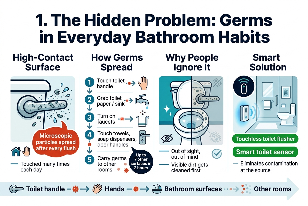 Create a clean, professional full-bleed infographic illustration in a 3:2 aspect ratio, with a wide horizontal layout and no inset frame. Use a modern sans-serif font, bold dark navy headings, white background, teal and blue accents, and red/orange warning highlights.

Top center: large bold title in dark navy:
"1. The Hidden Problem: Germs in Everyday Bathroom Habits"

Below the title, organize the infographic into four wide horizontal sections or blocks across the page, with clear icons and simple arrows showing flow.

LEFT SECTION:
Heading: "High-Contact Surface"
Show a close-up illustration of a toilet handle/lever with tiny germ particles and splash droplets on it.
Add small caption text: "Touched many times each day"
Add a simple house icon and hand icon.
Include a bold callout in a red badge: "Microscopic particles spread after every flush"

CENTER-LEFT SECTION:
Heading: "How Germs Spread"
Show a step-by-step domino flow with 5 numbered circles and arrows:
1. "Touch toilet handle"
2. "Grab toilet paper / sink"
3. "Turn on faucets"
4. "Touch towels, soap dispensers, door handles"
5. "Carry germs to other rooms"
Use hand icons, faucet icon, towel icon, soap dispenser icon, door handle icon, and small red germ dots moving along the arrows.
Add a small statistic badge: "Up to 7 other surfaces in 2 hours"

CENTER-RIGHT SECTION:
Heading: "Why People Ignore It"
Show a split visual: on one side a sparkling clean toilet bowl, on the other side the toilet handle with hidden germ dots.
Add two short bullet lines:
"Out of sight, out of mind"
"Visible dirt gets cleaned first"
Include an eye-with-slash icon and a faded bacteria icon to show invisibility.

RIGHT SECTION:
Heading: "Smart Solution"
Show a touchless toilet flusher sensor icon and a smart home bathroom scene with a motion sensor flush.
Add a bold green label: "Touchless toilet flusher"
Add a second bold green label below it: "Smart toilet sensor"
Add a short line: "Eliminates contamination at the source"
Use a clean checkmark icon and a subtle blue glow around the sensor.

Bottom band across the full width: a simple flow strip showing the contamination chain with arrows:
"Toilet handle → Hands → Bathroom surfaces → Other rooms"
Use small icons for each step and red germ markers transitioning into lighter dots.

Style: crisp infographic shapes, minimal shading, high contrast, easy-to-read hierarchy, balanced spacing, professional healthcare/cleaning awareness design, no photo realism, no clutter.