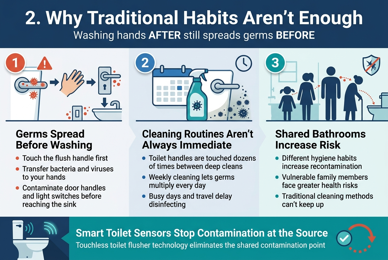 Create a clean, modern infographic illustration in a full-bleed 3:2 landscape layout, with no poster frame and no narrow centered stack. Use a professional healthcare palette of deep blue, teal, white, and red/orange accent warnings. Use bold sans-serif typography, strong visual hierarchy, and clear section blocks across a wide horizontal composition.

Top header across full width:
Large bold title text: "2. Why Traditional Habits Aren’t Enough"
Subtitle beneath in smaller text: "Washing hands AFTER still spreads germs BEFORE"

Main layout: three wide horizontal sections arranged left to right or in stacked wide bands, each with a numbered badge, an icon, a bold section heading, and 2–3 short bullet points.

SECTION 1 on the left:
Red circular number badge "1"
Icon: a toilet flush handle with germ particles, then a hand, then a door handle and sink in a small flow sequence with arrows
Heading text: "Germs Spread Before Washing"
Bullet text:
"Touch the flush handle first"
"Transfer bacteria and viruses to your hands"
"Contaminate door handles and light switches before reaching the sink"
Add a small warning symbol and red germ dots on the handle and surrounding surfaces.

SECTION 2 in the center:
Blue circular number badge "2"
Icon: a calendar with a cleaning spray bottle and a toilet handle, plus germ growth dots
Heading text: "Cleaning Routines Aren’t Always Immediate"
Bullet text:
"Toilet handles are touched dozens of times between deep cleans"
"Weekly cleaning lets germs multiply every day"
"Busy days and travel delay disinfecting"
Add a small clock icon and subtle accumulation of germ particles over time.

SECTION 3 on the right:
Teal circular number badge "3"
Icon: a family bathroom scene with multiple people silhouettes: child, teen, adult, elderly person, plus a shared toilet handle
Heading text: "Shared Bathrooms Increase Risk"
Bullet text:
"Different hygiene habits increase recontamination"
"Vulnerable family members face greater health risks"
"Traditional cleaning methods can’t keep up"
Add a small shield icon with a crack or crossed-out contamination path, and visible germ dots passing between users and surfaces.

Bottom conclusion band spanning full width:
A bold teal callout box with a touchless sensor toilet icon and a glowing motion sensor arc
Main text: "Smart Toilet Sensors Stop Contamination at the Source"
Smaller supporting text: "Touchless toilet flusher technology eliminates the shared contamination point"
Add a clean checkmark symbol and a broken contamination cycle arrow ending at the toilet handle.

Style details:
Use crisp flat vector illustration, subtle shadows, simple line icons, high contrast, organized spacing, and clear alignment. Keep all text readable and minimal. No decorative borders, no photo realism, no clutter, no extra text outside the specified headings and bullets.