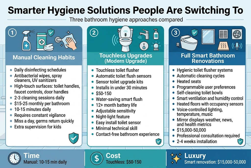 Create a clean, professional full-bleed infographic in a 3:2 aspect ratio with a modern bathroom technology theme, white background with blue, teal, and gray accents, bold sans-serif typography, clear visual hierarchy, and wide horizontal multi-column layout.

Top header across the full width:
Large bold title text: "Smarter Hygiene Solutions People Are Switching To"
Small subtitle text beneath: "Three bathroom hygiene approaches compared"

Main body: three side-by-side large sections with numbered labels, each in a colored card with an icon at the top.

Left section:
Numbered circle icon "1"
Heading text: "Manual Cleaning Habits"
Icon: spray bottle, disinfecting wipes, and a hand wiping a bathroom handle
Bulleted points:
"Daily disinfecting schedules"
"Antibacterial wipes, spray cleaners, UV sanitizers"
"High-touch surfaces: toilet handles, faucet controls, door handles"
"2-3 cleaning sessions daily"
"$15-25 monthly per bathroom"
"10-15 minutes daily"
"Requires constant vigilance"
"Miss a day, germs return quickly"
"Extra supervision for kids"

Middle section:
Numbered circle icon "2"
Heading text: "Touchless Upgrades (Modern Upgrade)"
Icon: a toilet with a glowing sensor, plus small icons for sensor faucet, soap dispenser, and motion light
Bulleted points:
"Touchless toilet flusher"
"Automatic toilet flush sensors"
"Sensor toilet upgrade kits"
"Installs in under 30 minutes"
"$50-150"
"Water-saving smart flush"
"12+ month battery life"
"Adjustable sensitivity"
"Night-light feature"
"Easy install toilet sensor"
"Minimal technical skill"
"Contact-free bathroom experience"

Right section:
Numbered circle icon "3"
Heading text: "Full Smart Bathroom Renovations"
Icon: luxury smart toilet, digital mirror, heated floor, ventilation fan, and voice-control wave lines
Bulleted points:
"Modern bathroom technology"
"Hygienic toilet flusher systems"
"Automatic cleaning cycles"
"Heated seats"
"Programmable user preferences"
"Self-cleaning toilet bowls"
"Smart ventilation and humidity control"
"Heated floors with occupancy sensors"
"Voice-controlled lighting, temperature, music"
"Mirror displays weather, news, and health metrics"
"$15,000-50,000"
"Professional consultation required"
"2-4 weeks installation"

Bottom comparison band spanning the full width with three simple labeled summary blocks and icons:
Left summary label: "Time" with clock icon and text "Manual: 10-15 min daily"
Middle summary label: "Cost" with dollar icon and text "Touchless: $50-150"
Right summary label: "Luxury" with sparkle icon and text "Smart renovation: $15,000-50,000"

Use neat spacing, thin divider lines between sections, subtle bathroom tile pattern in the background, and small checkmark and shield accents for hygiene. Keep all text crisp, readable, and evenly aligned in a polished editorial infographic style.