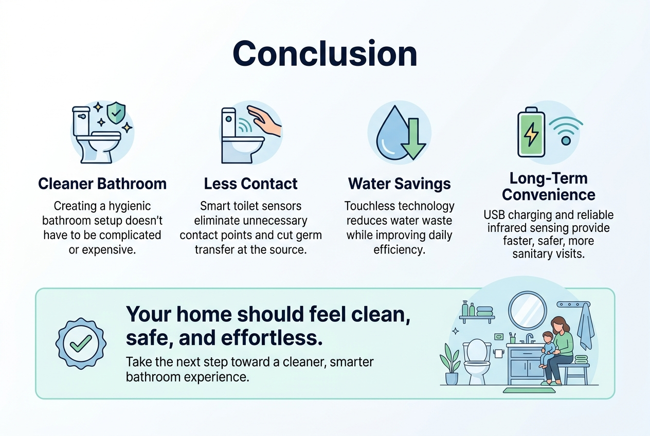 Create a clean professional infographic illustration in full-bleed 3:2 landscape format with a modern bathroom theme, white background, soft blue and teal accents, dark navy headings, and subtle green highlight colors. Place a bold top heading centered: "Conclusion". 

Below the heading, use a wide horizontal layout with 4 evenly spaced content blocks across the center, each with a clear icon and short text label:

Left block: a bathroom toilet icon with small shield and sparkle symbols, heading text: "Cleaner Bathroom" and body text: "Creating a hygienic bathroom setup doesn't have to be complicated or expensive."

Second block: a touchless sensor icon with a hand moving away from a toilet sensor, heading text: "Less Contact" and body text: "Smart toilet sensors eliminate unnecessary contact points and cut germ transfer at the source."

Third block: a water droplet icon with a downward arrow, heading text: "Water Savings" and body text: "Touchless technology reduces water waste while improving daily efficiency."

Fourth block: a battery charging icon and infrared sensor wave icon, heading text: "Long-Term Convenience" and body text: "USB charging and reliable infrared sensing provide faster, safer, more sanitary visits."

Across the lower third, add a wide highlighted banner with a family-safe bathroom illustration on the right and a simple checkmark badge on the left. Include this final statement in large readable text: "Your home should feel clean, safe, and effortless." Under it, add smaller text: "Take the next step toward a cleaner, smarter bathroom experience."

Use a clean sans-serif font, strong visual hierarchy, rounded icon style, subtle shadows, and balanced spacing. Keep the design bright, sanitary, and modern, with no clutter and no vertical poster frame layout.