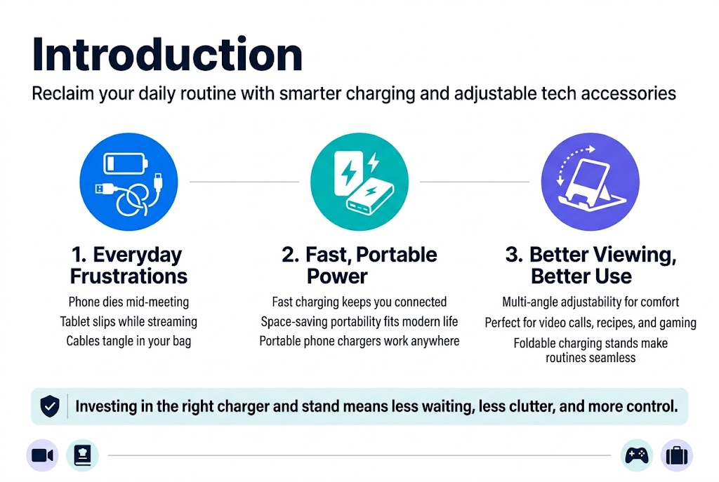 Create a clean, modern full-bleed infographic in 3:2 aspect ratio with a wide horizontal layout, no inset frame, no narrow centered stack. Use a professional tech lifestyle style with a white background, deep navy text, electric blue and teal accents, and subtle gray dividers. Use bold sans-serif typography with a strong hierarchy.
TOP HEADER:
Large bold title at top left: "Introduction"
Subtitle directly below in smaller text: "Reclaim your daily routine with smarter charging and adjustable tech accessories"
MAIN LAYOUT:
Use three wide horizontal sections across the page with clear visual spacing, each section containing a large colored icon and concise text block. Include numbered labels in circles for each section.
SECTION 1 — LEFT:
Blue circular icon of a low battery and tangled charging cable.
Bold heading: "1. Everyday Frustrations"
Short body text in 3 lines:
"Phone dies mid-meeting"
"Tablet slips while streaming"
"Cables tangle in your bag"
SECTION 2 — CENTER:
Teal circular icon of a fast charging bolt and compact portable charger.
Bold heading: "2. Fast, Portable Power"
Short body text in 3 lines:
"Fast charging keeps you connected"
"Space-saving portability fits modern life"
"Portable phone chargers work anywhere"
SECTION 3 — RIGHT:
Purple circular icon of a foldable stand with adjustable angle markers.
Bold heading: "3. Better Viewing, Better Use"
Short body text in 3 lines:
"Multi-angle adjustability for comfort"
"Perfect for video calls, recipes, and gaming"
"Foldable charging stands make routines seamless"
BOTTOM STRIP:
Wide highlighted callout bar spanning the lower third with a small shield/check icon on the left and bold text:
"Investing in the right charger and stand means less waiting, less clutter, and more control."
Add small supporting icons near the bottom corners: a video call camera icon, a recipe book icon, a game controller icon, and a suitcase icon, arranged in a neat row. Keep everything clean, balanced, and easy to read, with clear spacing and strong visual hierarchy.
