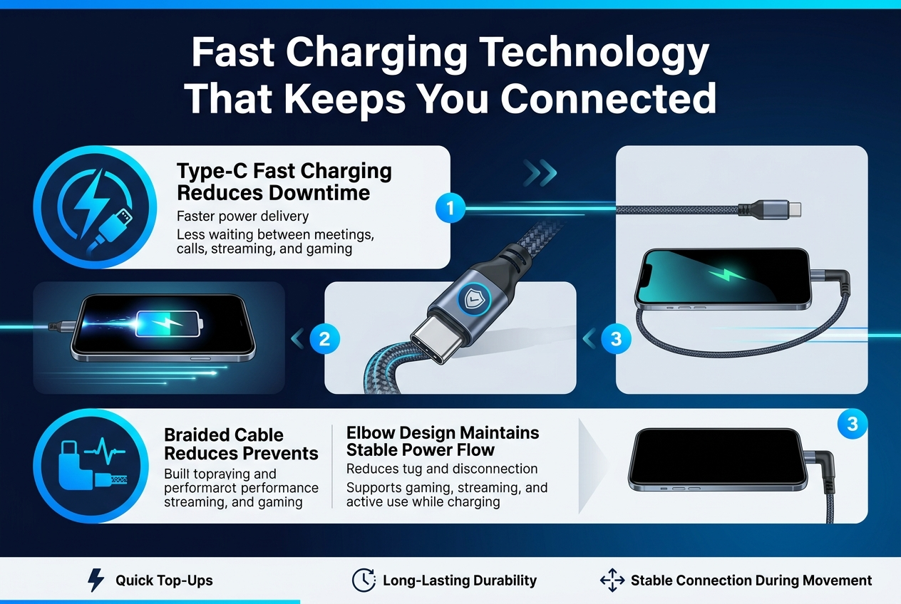 Create a clean, professional infographic in a 3:2 aspect ratio with a full-bleed layout, wide horizontal composition, and no inset frame. Use a modern tech style with a dark navy-to-blue gradient background, bright cyan and electric blue accents, white text, subtle light gray panels, and thin glowing lines. Use bold sans-serif typography with a clear hierarchy.

Top center: large bold heading in white text: "Fast Charging Technology That Keeps You Connected"

Below the heading, arrange three wide horizontal feature sections across the page, each in its own rounded rectangle block with a matching icon on the left and text on the right. Use numbered labels in bright blue circles: 1, 2, 3.

Section 1 on the left side:
Blue circular icon of a lightning bolt and Type-C connector.
Title text: "Type-C Fast Charging Reduces Downtime"
Smaller supporting text: "Faster power delivery"
"Less waiting between meetings, calls, streaming, and gaming"
Show a phone battery filling quickly with a glowing charge line.

Section 2 in the center:
Blue circular icon of a braided cable with a shield symbol.
Title text: "Braided Cable Construction Prevents Wear"
Smaller supporting text: "Resists fraying and daily stress"
"Built for reliable performance and longer lifespan"
Show a braided charging cable with reinforced texture and a durable connection point.

Section 3 on the right side:
Blue circular icon of an elbow-shaped connector with a stable signal line.
Title text: "Elbow Design Maintains Stable Power Flow"
Smaller supporting text: "Reduces tug and disconnection"
"Supports gaming, streaming, and active use while charging"
Show a phone in landscape mode with the angled cable staying secure.

Add a slim bottom strip with three small benefit icons and short labels:
"Quick Top-Ups"
"Long-Lasting Durability"
"Stable Connection During Movement"

Use subtle arrows and glowing connector lines between sections to suggest flow and efficiency. Keep all text crisp, readable, and minimal. No extra decorative elements, no people, no clutter.